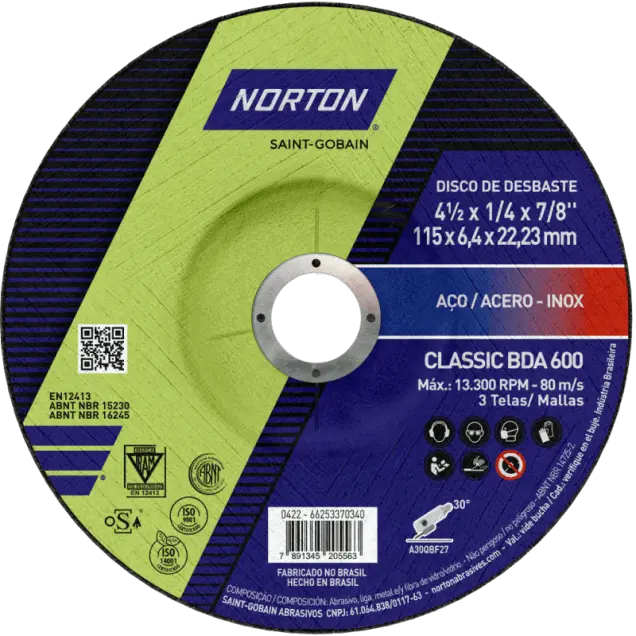 Disco desbaste BDA600 4 1/2" x 1/4 x 7/8" CJA10 - Norton