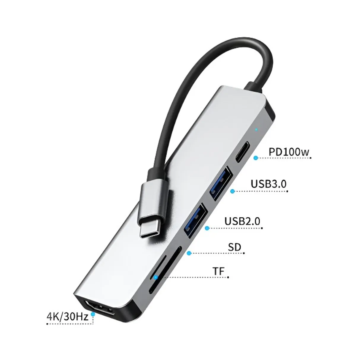 ADAPTADOR HUB 6 EN 1 TIPO C A TIPO C, USB, SD, TF Y HDMI 4K